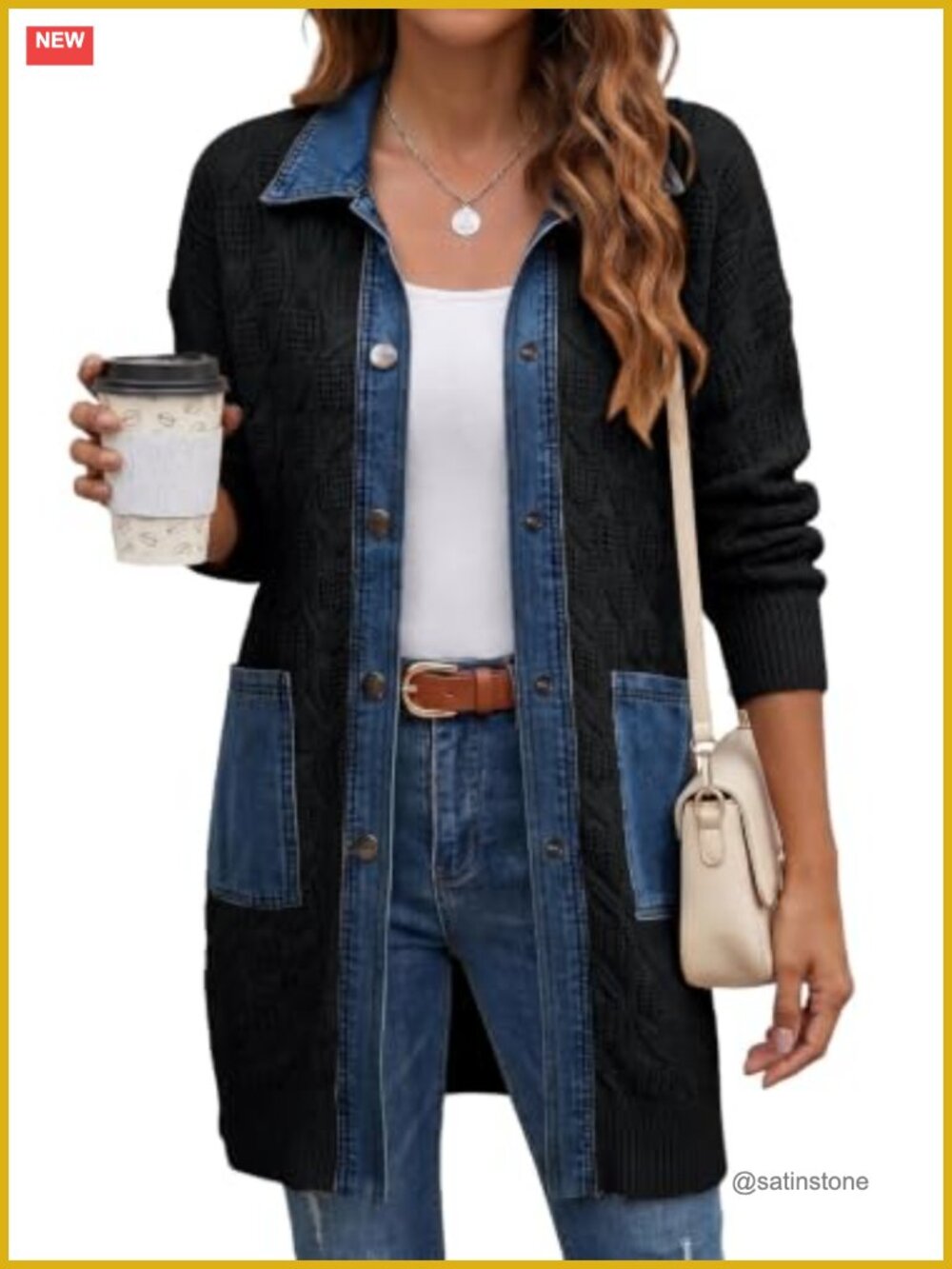 Dokotoo Denim Patchwork Button Down Cable Knit Chunky Cardigan Sweater
